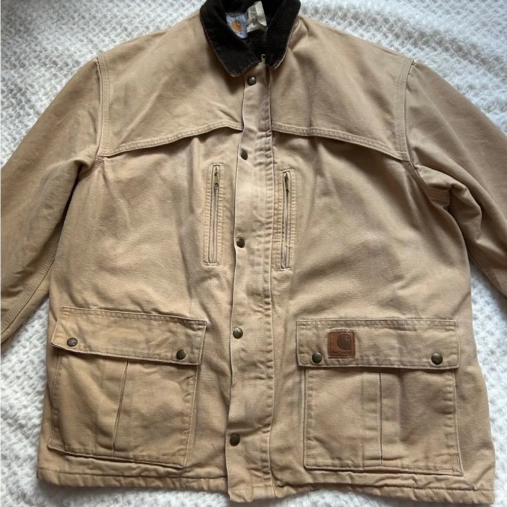 Rare Vintage Carhartt Jacket. Made in USA. Beige with Brown corduroy. CB2595.